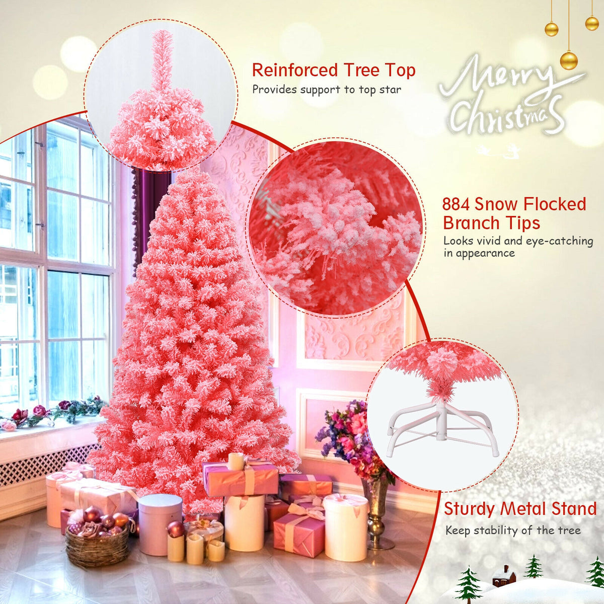 Pink Christmas Tree with Snow Flocked PVC Tips and Metal Stand-6.5 ft-Christmas Trees-DECOROLALA