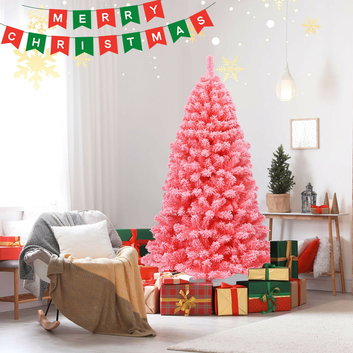 Pink Christmas Tree with Snow Flocked PVC Tips and Metal Stand-6.5 ft-Christmas Trees-DECOROLALA