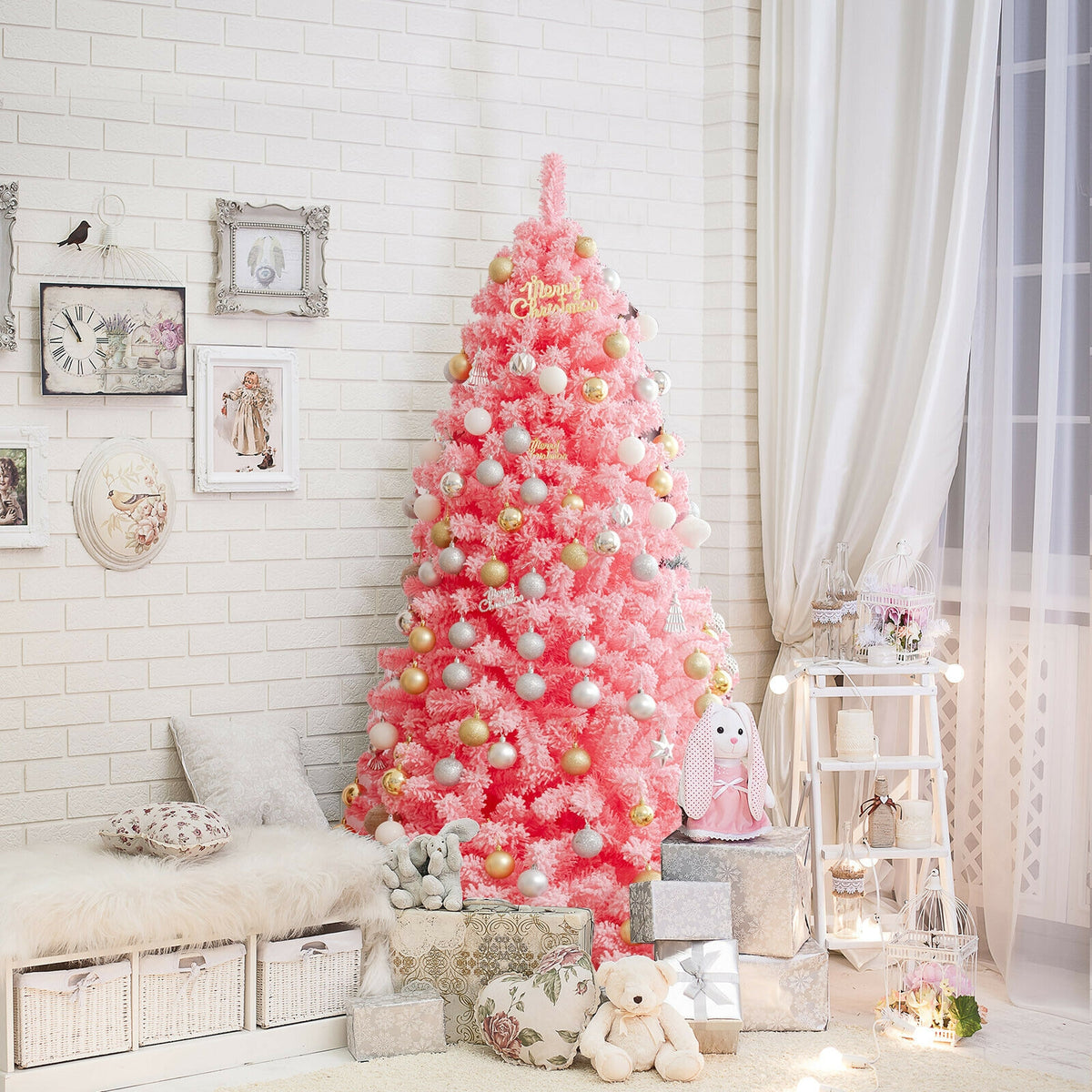 Pink Christmas Tree with Snow Flocked PVC Tips and Metal Stand-6.5 ft-Christmas Trees-DECOROLALA