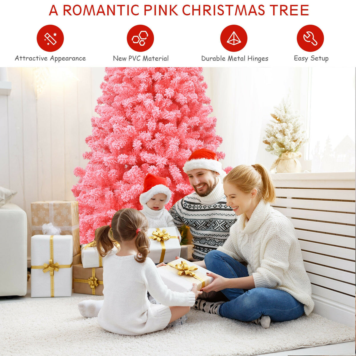 Pink Christmas Tree with Snow Flocked PVC Tips and Metal Stand-7.5 ft-Christmas Trees-DECOROLALA
