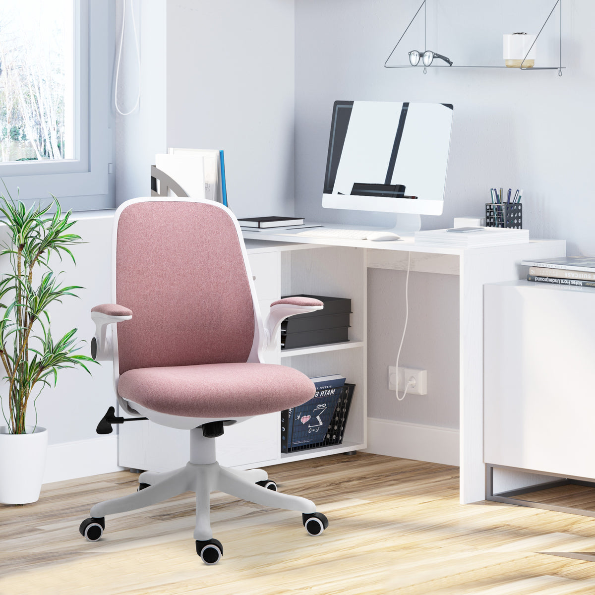 Pink Ergonomic Office Chair - Breathable Linen with Flip-up Arms-Office Products > Office Furniture > Office Chairs > Task Chairs-DECOROLALA