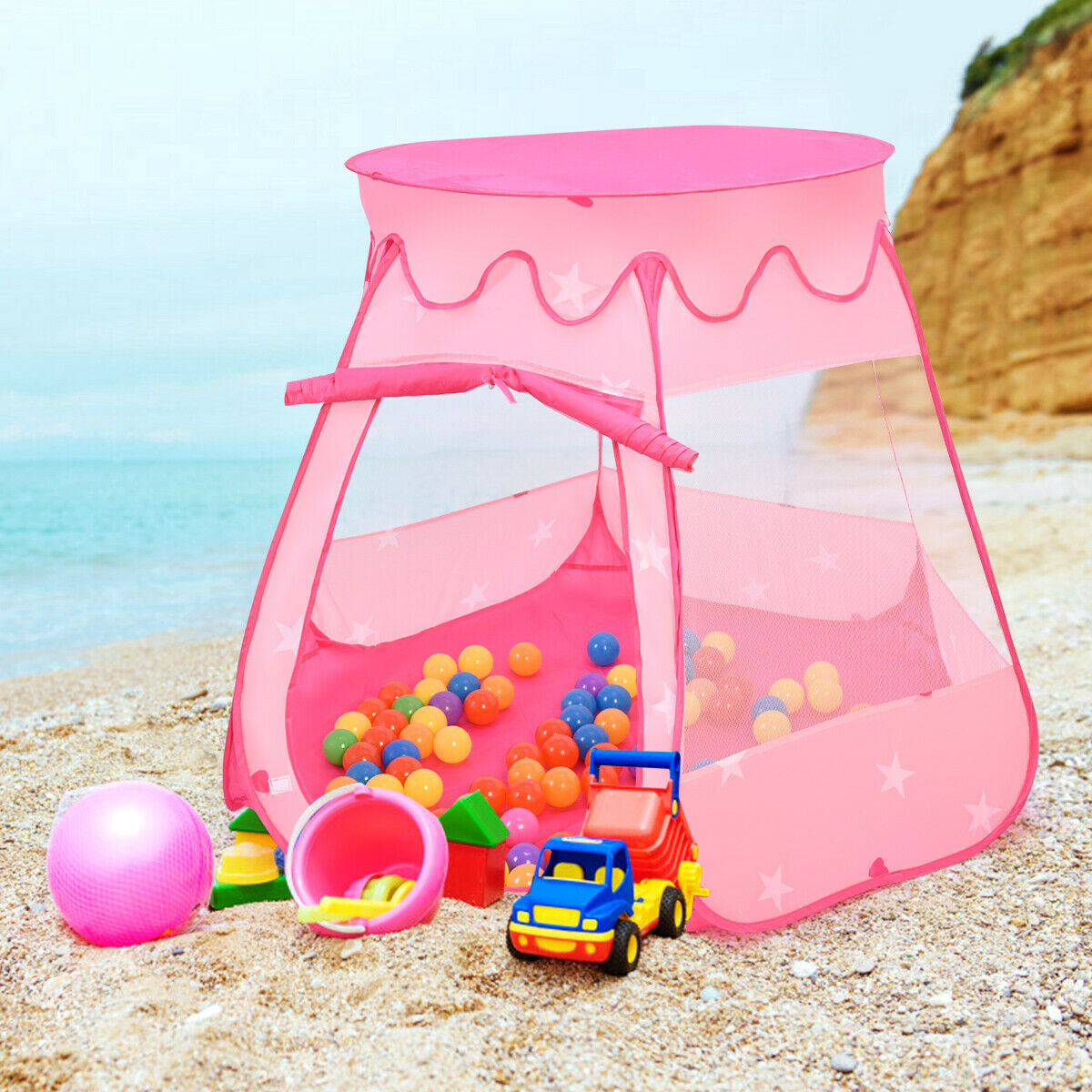 Portable Kids Play Tent with 100 Balls - Pink 33.5" Pop-Up