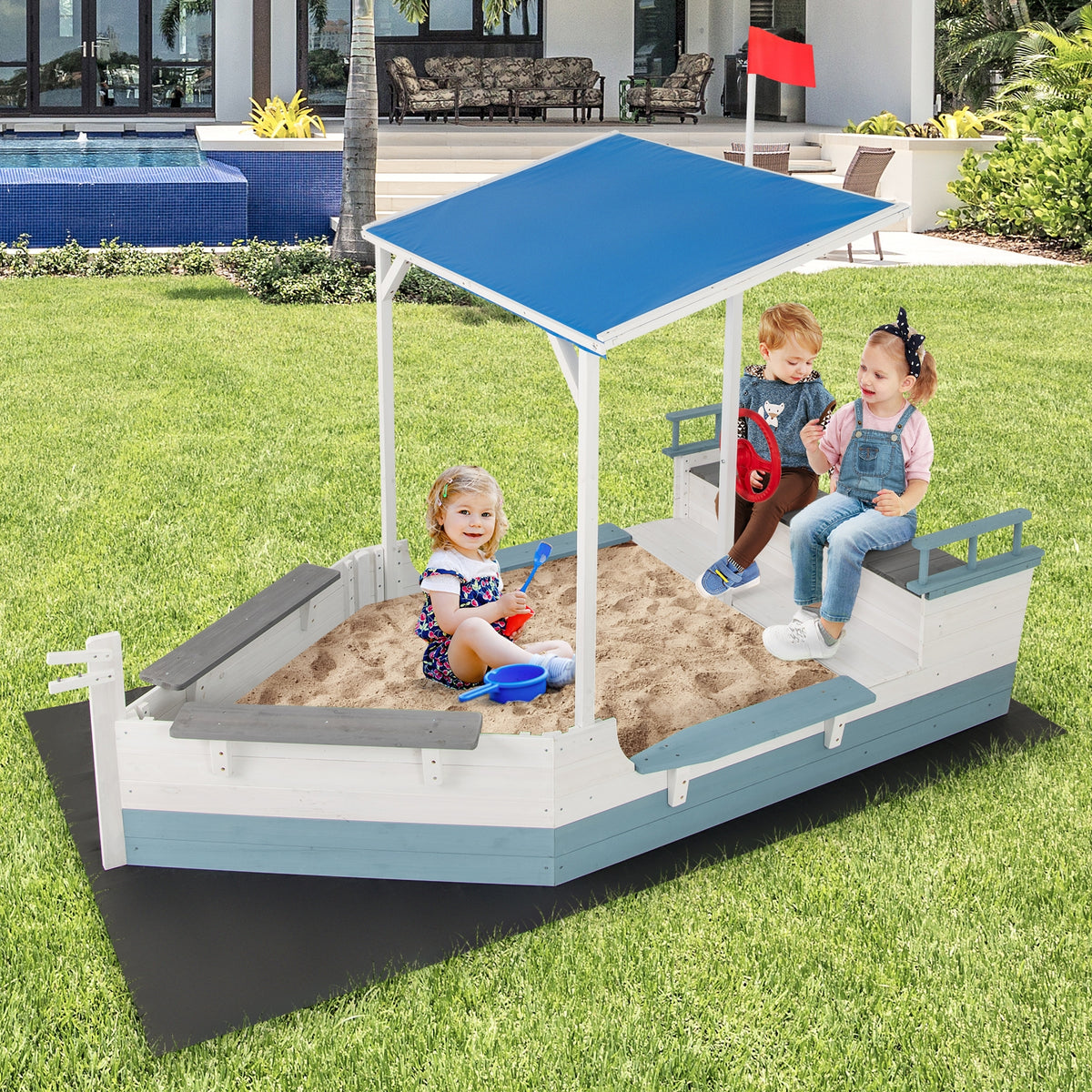 Bac à sable bateau pirate avec auvent, banquettes et doublure inférieure-Blanc
