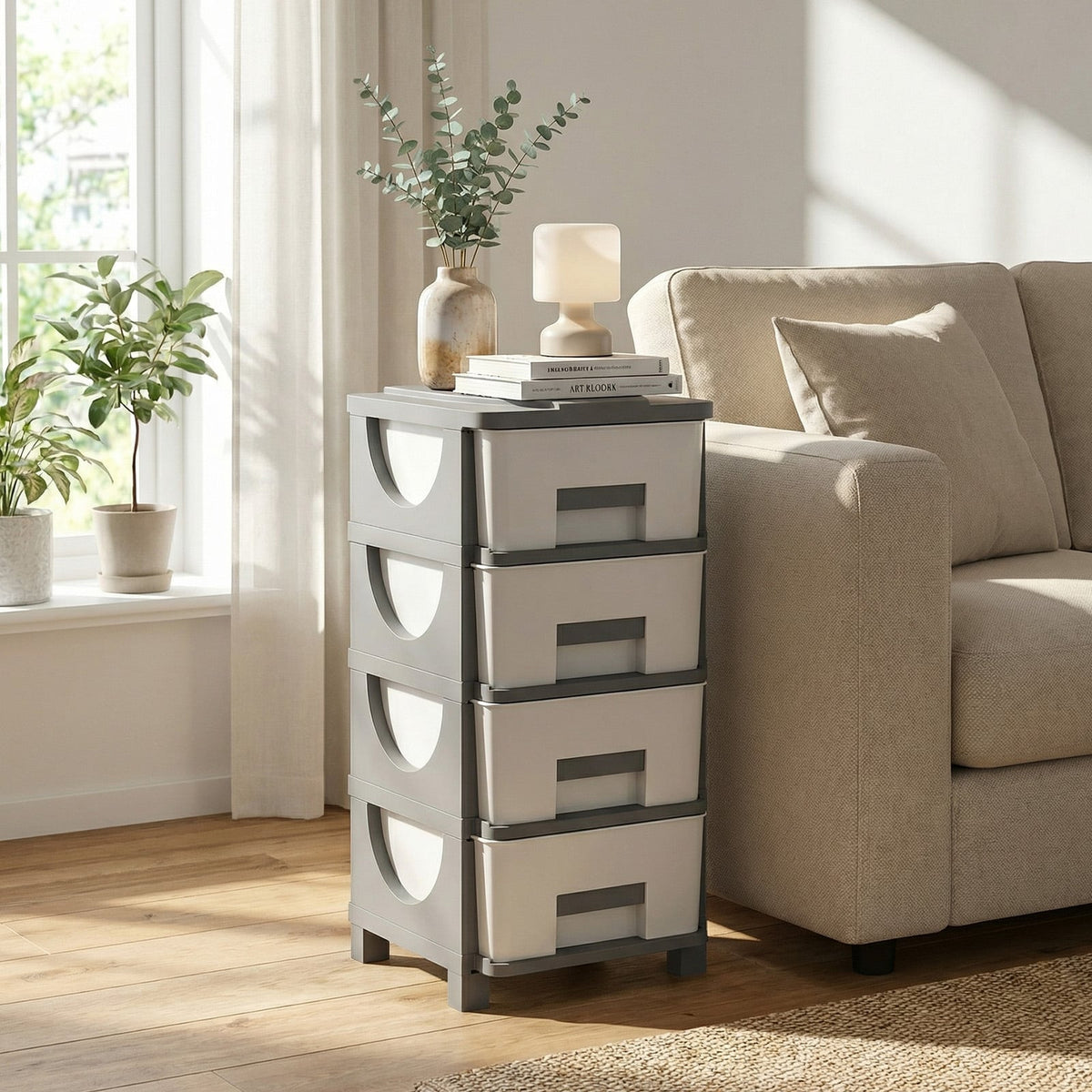 Plastic Storage Organizer with Compact Drawer Cabinet Side Table for Bedroom-Gray-Dressers & Chests-DECOROLALA