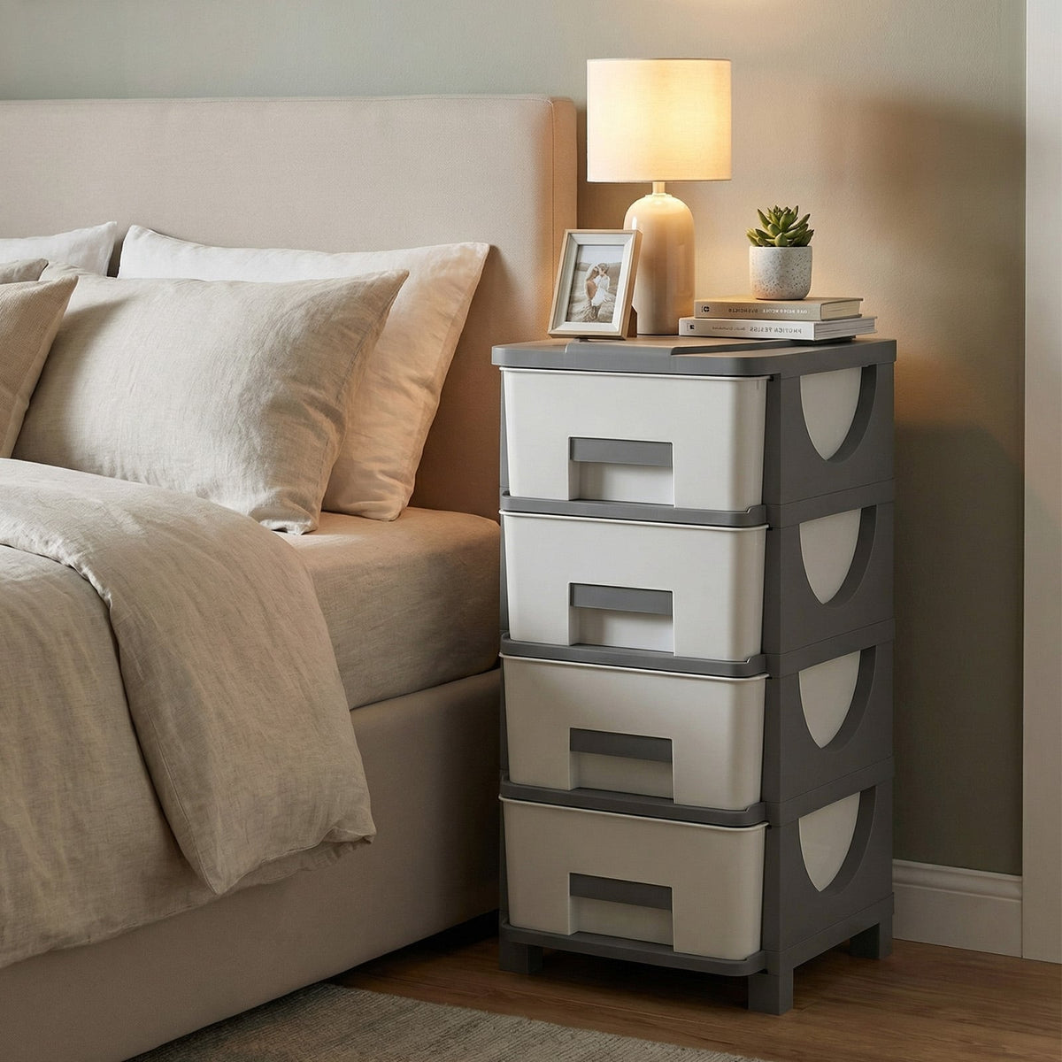 Plastic Storage Organizer with Compact Drawer Cabinet Side Table for Bedroom-Gray-Dressers & Chests-DECOROLALA
