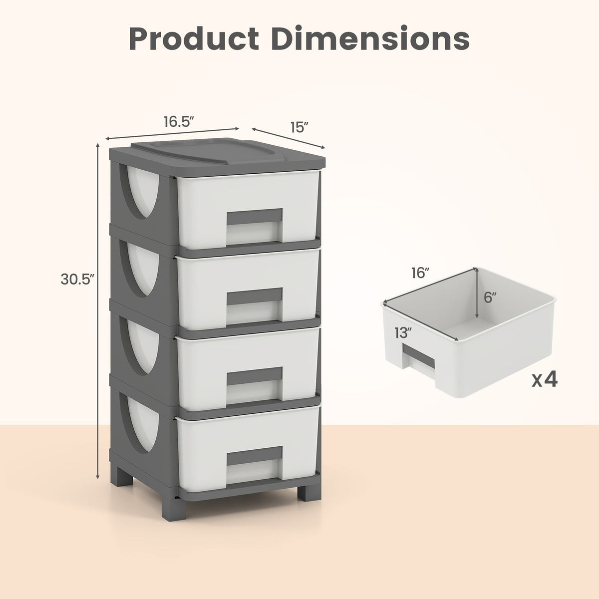 Plastic Storage Organizer with Compact Drawer Cabinet Side Table for Bedroom-Gray-Dressers & Chests-DECOROLALA