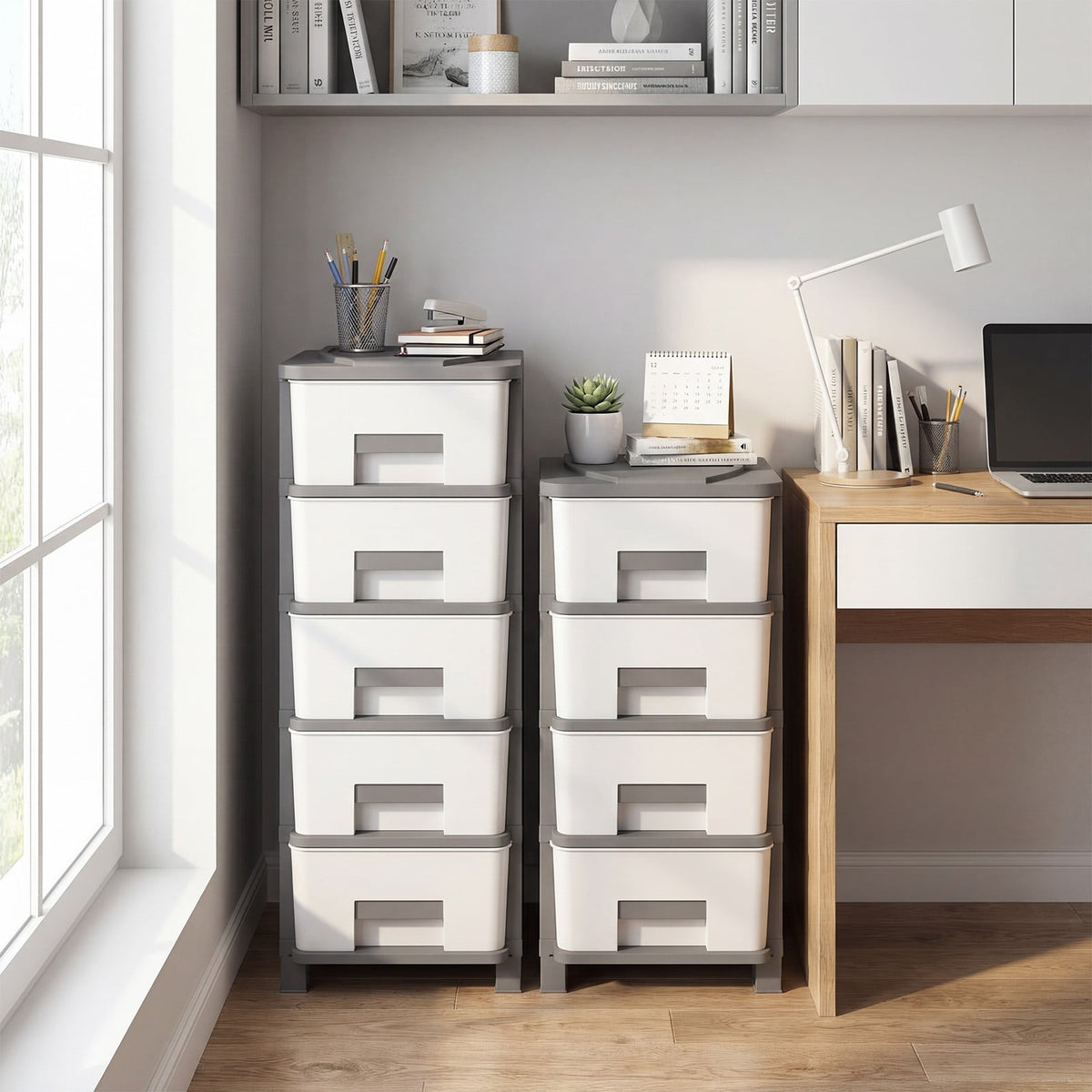 Plastic Storage Organizer with Compact Drawer Cabinet Side Table for Bedroom-Gray-Dressers & Chests-DECOROLALA