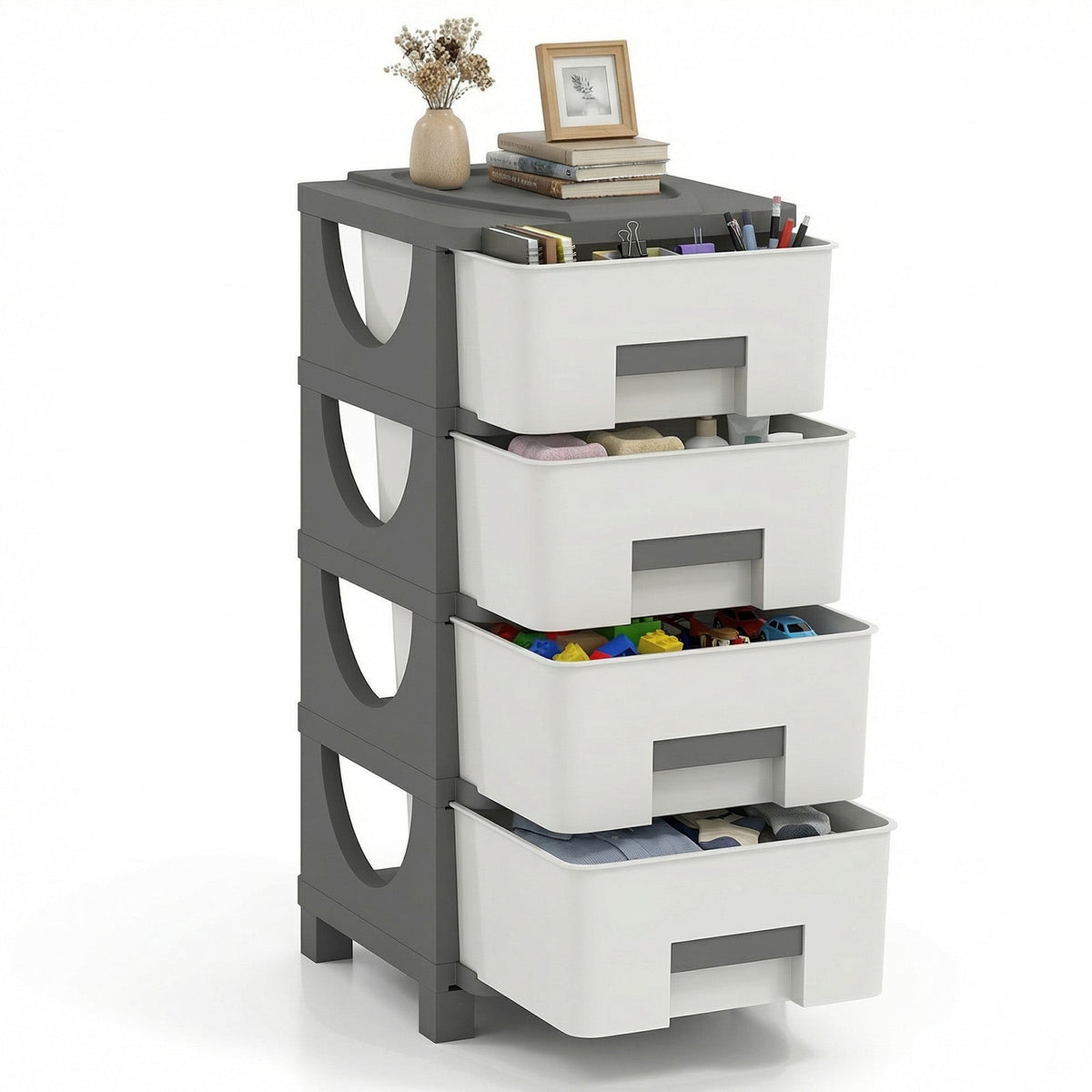 Plastic Storage Organizer with Compact Drawer Cabinet Side Table for Bedroom-Gray-Dressers & Chests-DECOROLALA