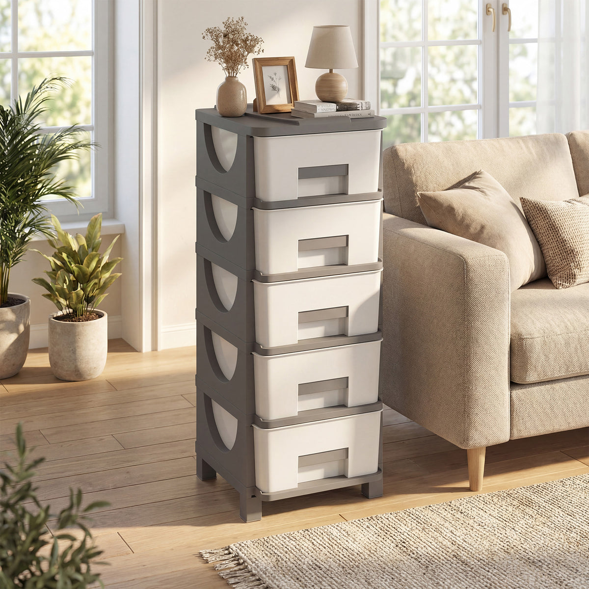 Plastic Storage Organizer with Handles and Compact Drawer Cabinet Side Table for Bedroom-Gray-Dressers & Chests-DECOROLALA