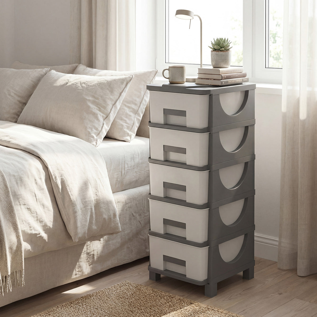 Plastic Storage Organizer with Handles and Compact Drawer Cabinet Side Table for Bedroom-Gray-Dressers & Chests-DECOROLALA