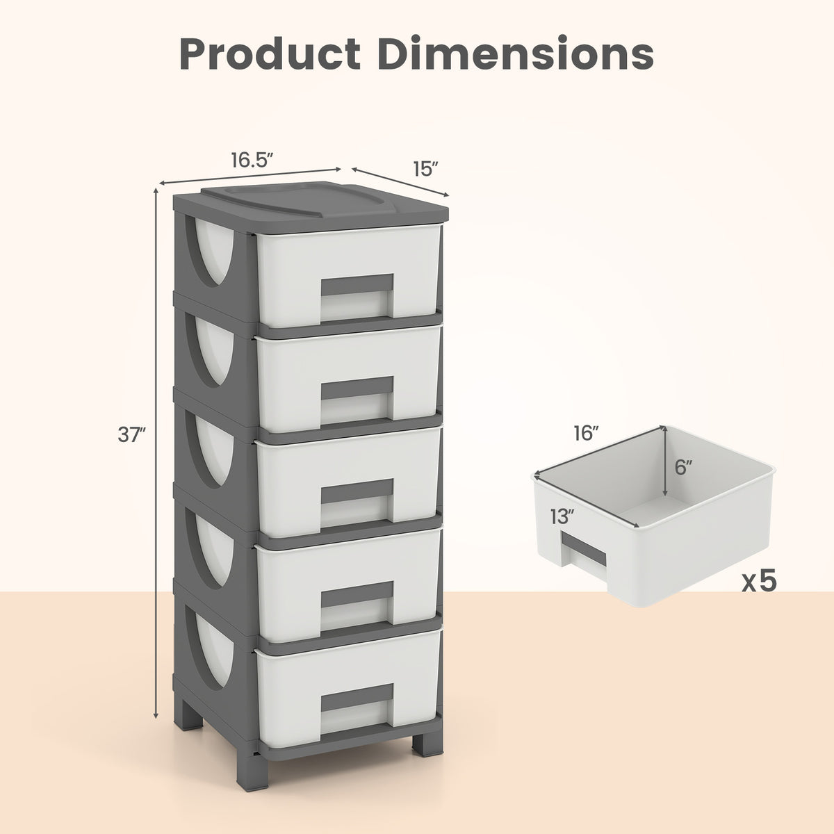 Plastic Storage Organizer with Handles and Compact Drawer Cabinet Side Table for Bedroom-Gray-Dressers & Chests-DECOROLALA