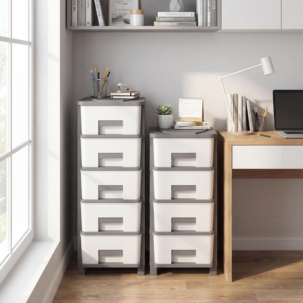 Plastic Storage Organizer with Handles and Compact Drawer Cabinet Side Table for Bedroom-Gray-Dressers & Chests-DECOROLALA