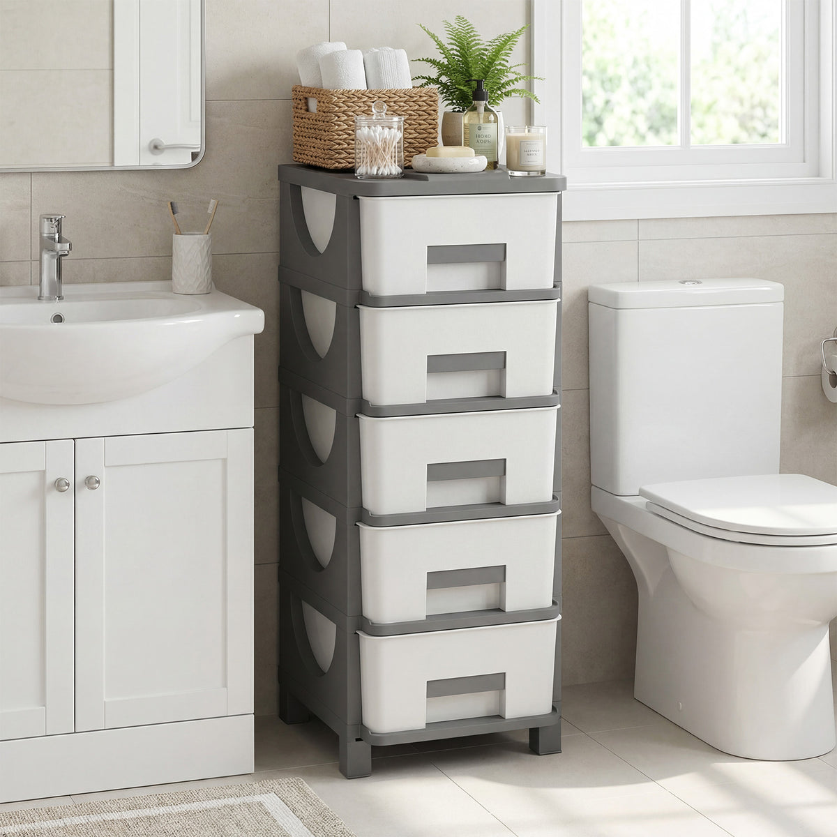 Plastic Storage Organizer with Handles and Compact Drawer Cabinet Side Table for Bedroom-Gray-Dressers & Chests-DECOROLALA