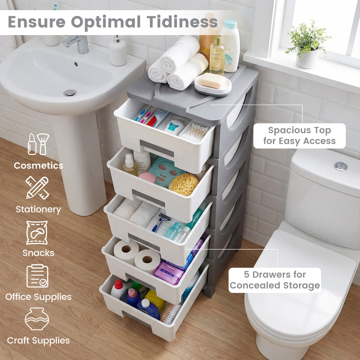 Plastic Storage Organizer with Handles and Compact Drawer Cabinet Side Table for Bedroom-Gray-Dressers & Chests-DECOROLALA