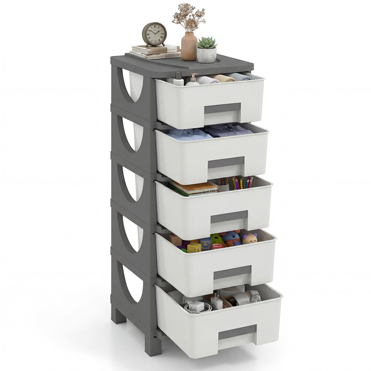 Plastic Storage Organizer with Handles and Compact Drawer Cabinet Side Table for Bedroom-Gray-Dressers & Chests-DECOROLALA