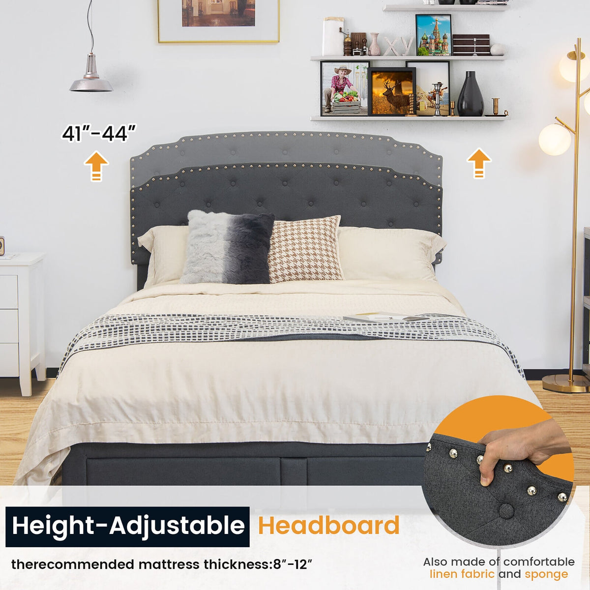 Platform Bed Frame with Adjustable Headboard and 4 Storage Drawers-Simple Bed Frame-DECOROLALA