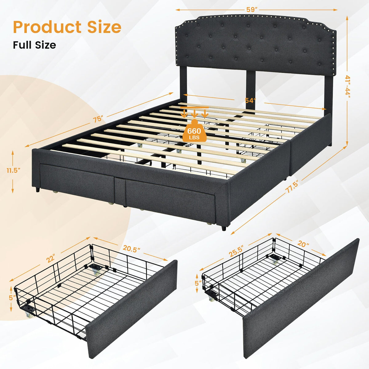 Platform Bed Frame with Adjustable Headboard and 4 Storage Drawers-Simple Bed Frame-DECOROLALA