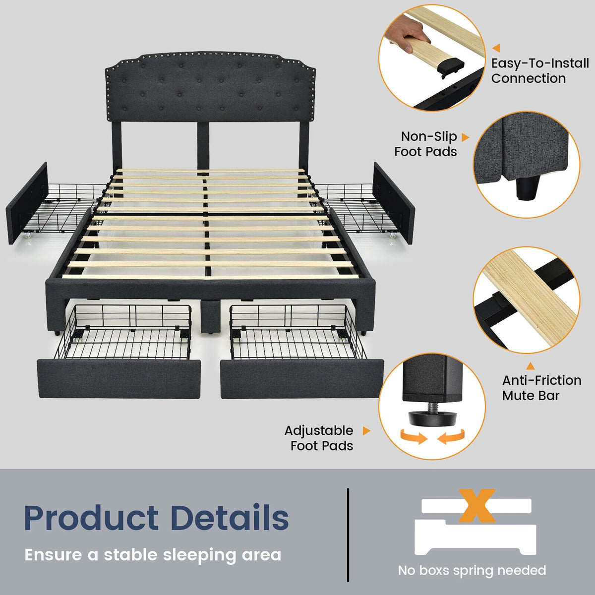 Platform Bed Frame with Adjustable Headboard and 4 Storage Drawers-Simple Bed Frame-DECOROLALA