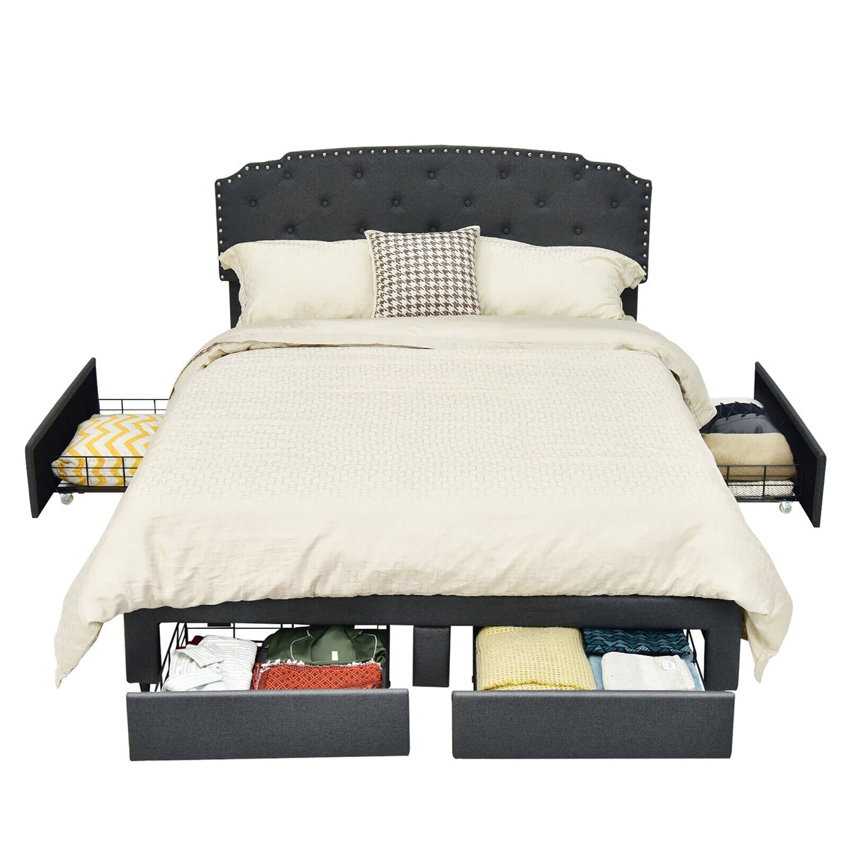 Platform Bed Frame with Adjustable Headboard and 4 Storage Drawers-Simple Bed Frame-DECOROLALA