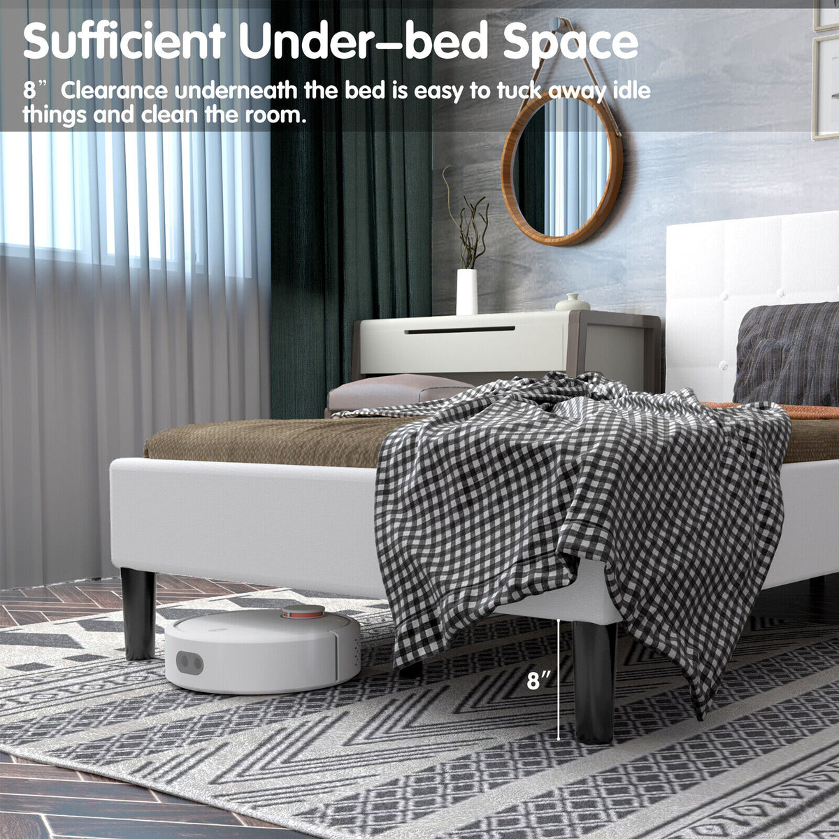 Platform Bed with Button Tufted Headboard-Beige-Simple Bed Frame-DECOROLALA