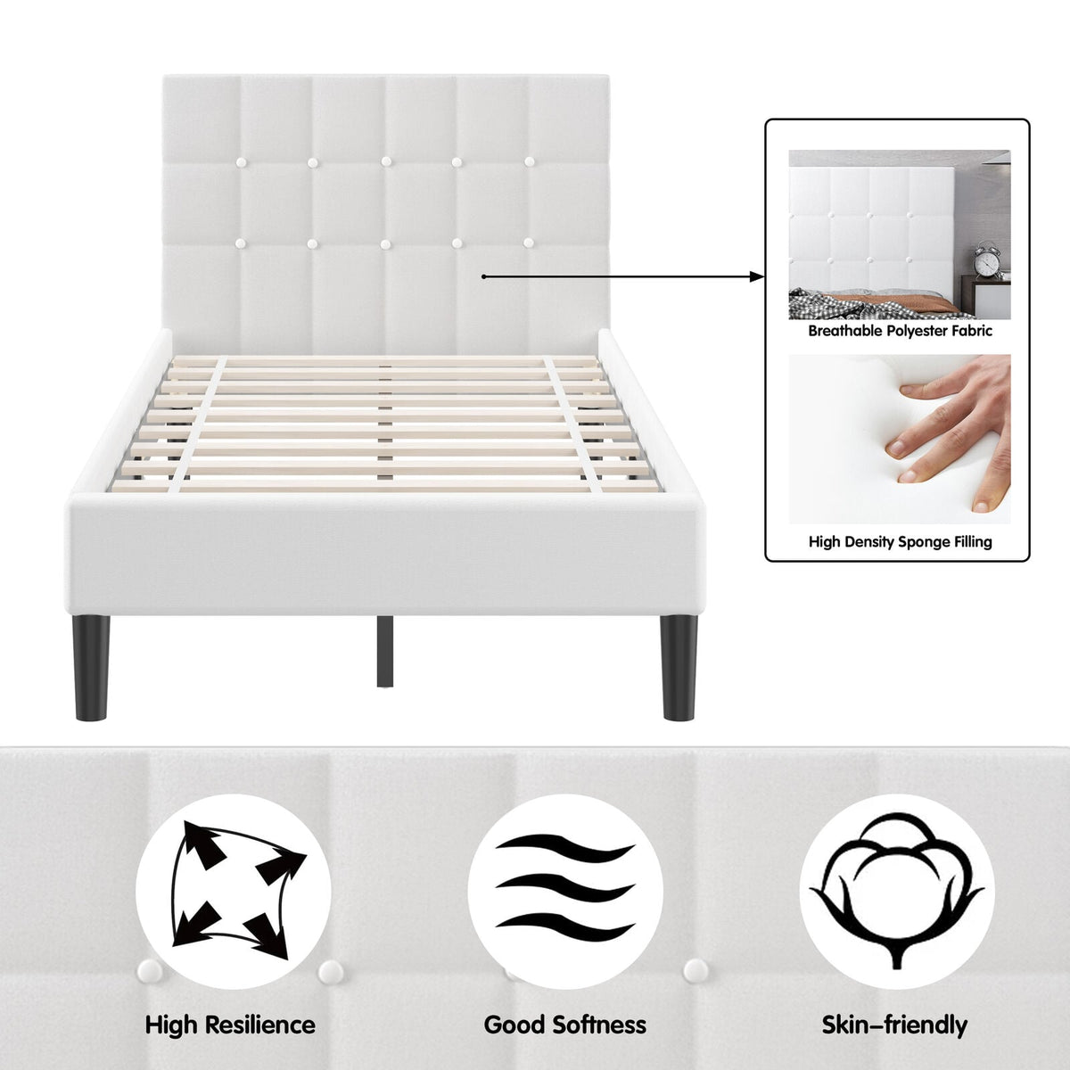 Platform Bed with Button Tufted Headboard-Beige-Simple Bed Frame-DECOROLALA