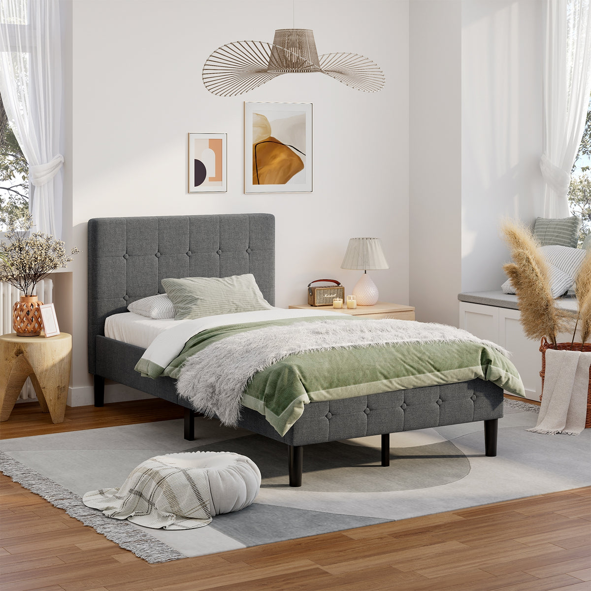 Platform Bed with Button Tufted Headboard-Gray-Simple Bed Frame-DECOROLALA