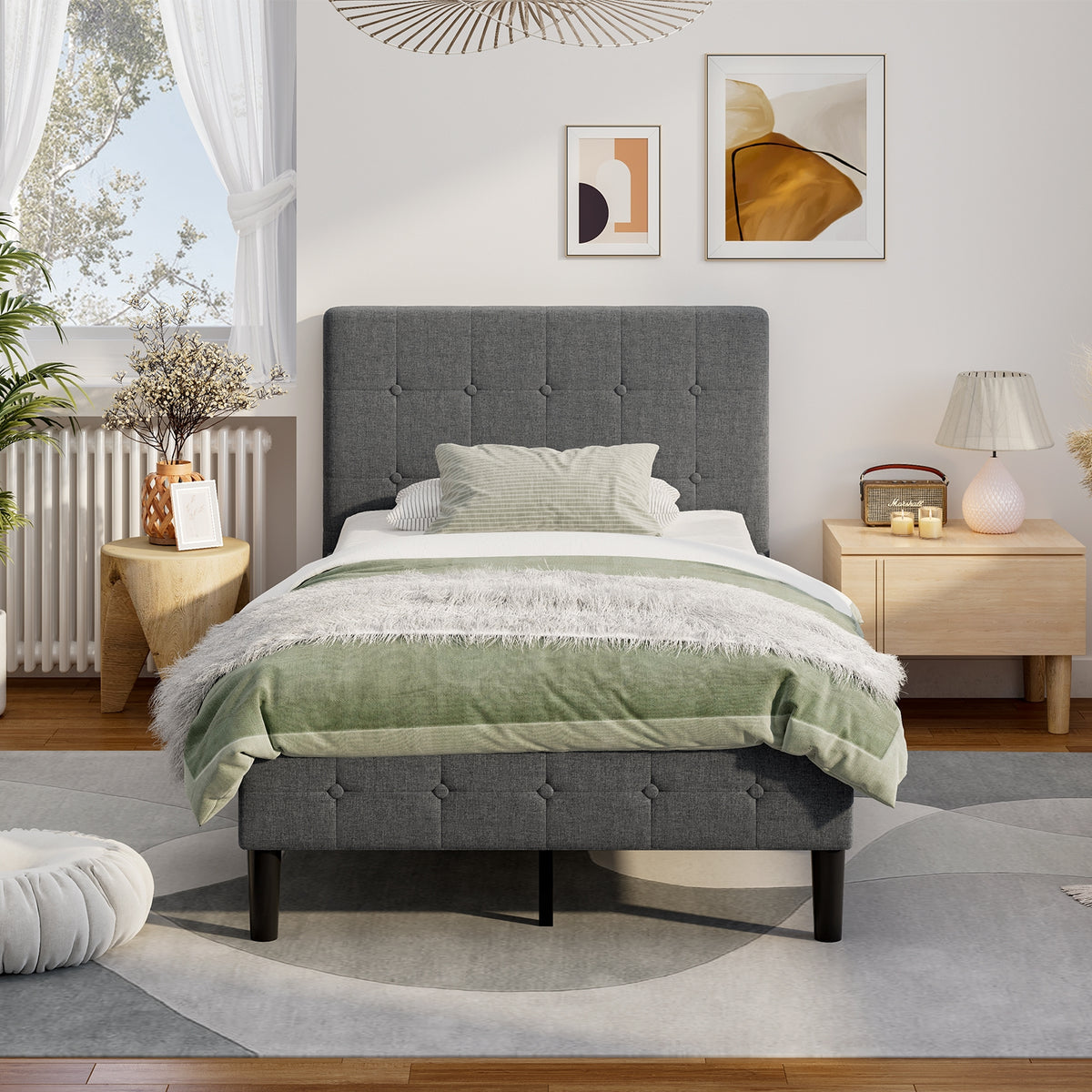Platform Bed with Button Tufted Headboard-Gray-Simple Bed Frame-DECOROLALA