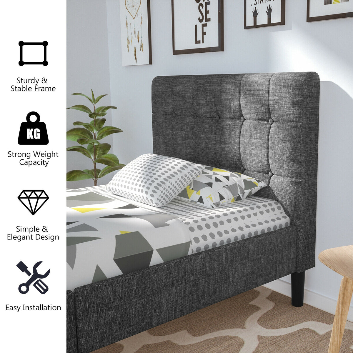 Platform Bed with Button Tufted Headboard-Gray-Simple Bed Frame-DECOROLALA