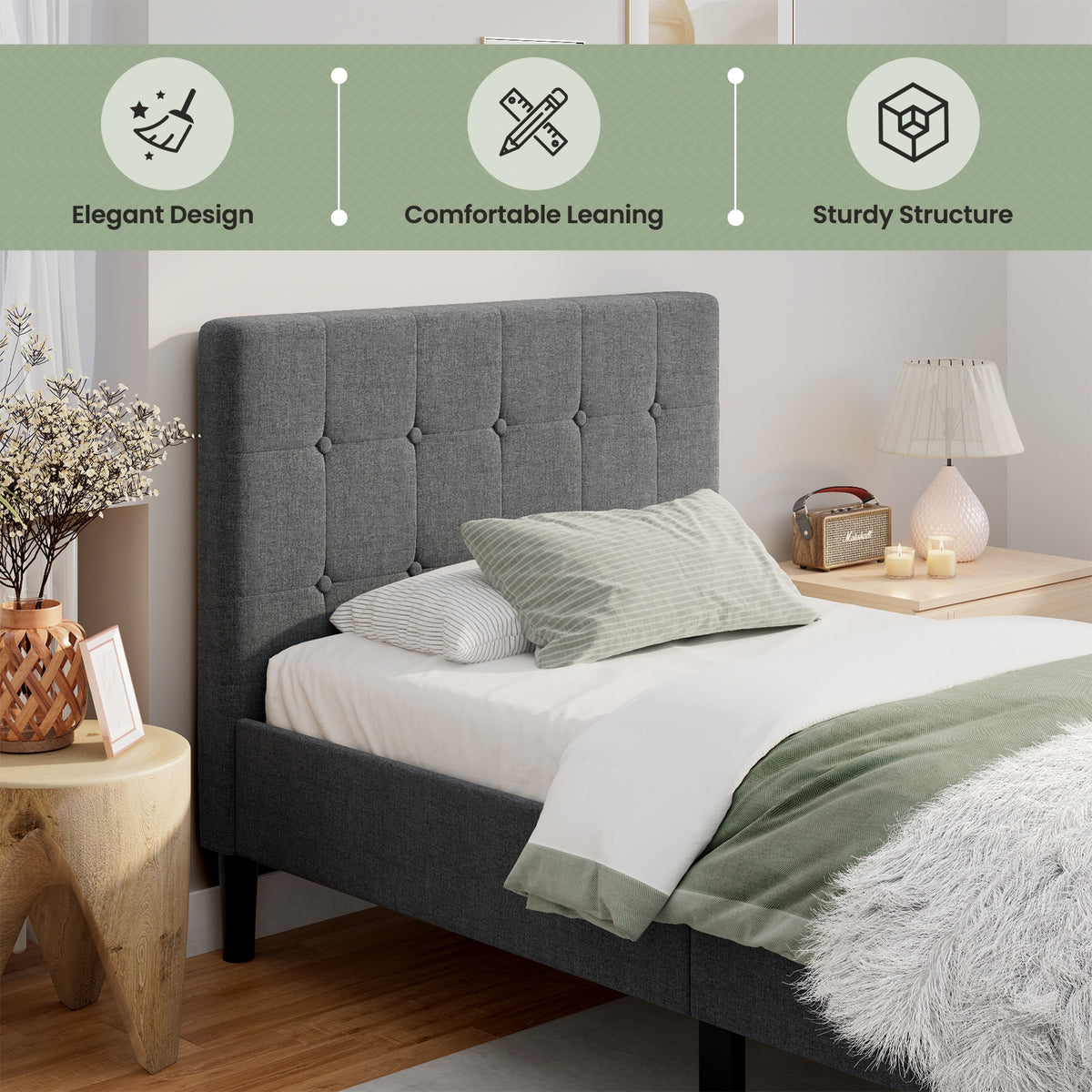 Platform Bed with Button Tufted Headboard-Gray-Simple Bed Frame-DECOROLALA