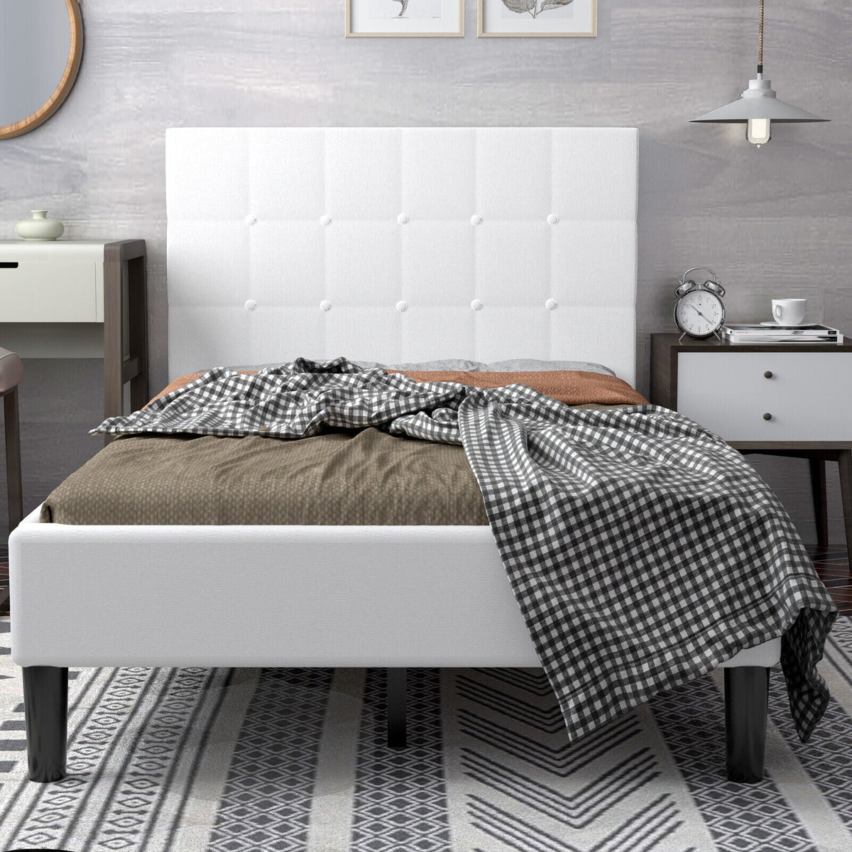 Platform Bed with Button Tufted Headboard-Simple Bed Frame-DECOROLALA