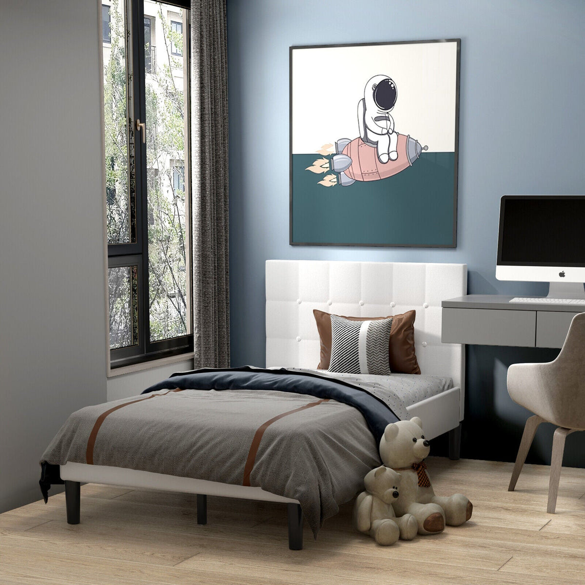 Platform Bed with Button Tufted Headboard-Simple Bed Frame-DECOROLALA