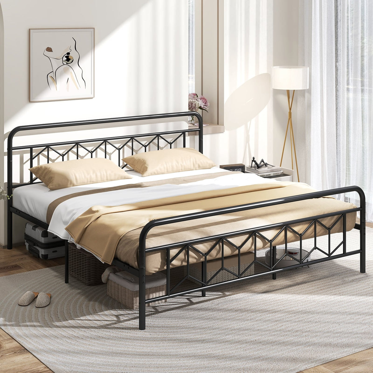 Platform Bed with High Headboard and Snap Lock Metal Slats-King Size-Simple Bed Frame-DECOROLALA