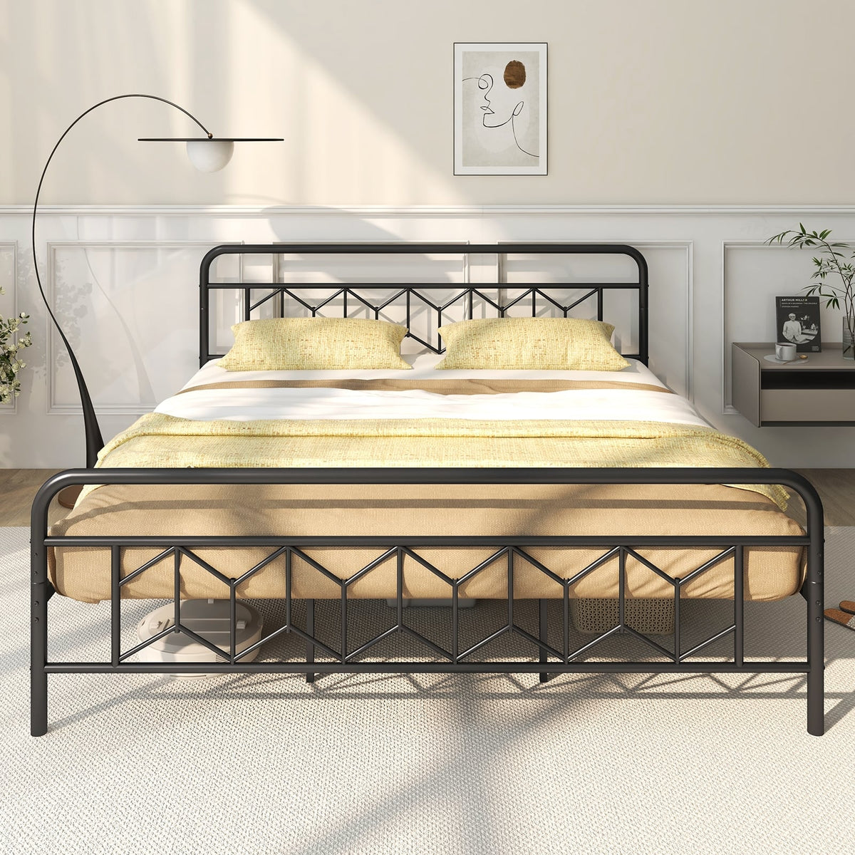 Platform Bed with High Headboard and Snap Lock Metal Slats-King Size-Simple Bed Frame-DECOROLALA