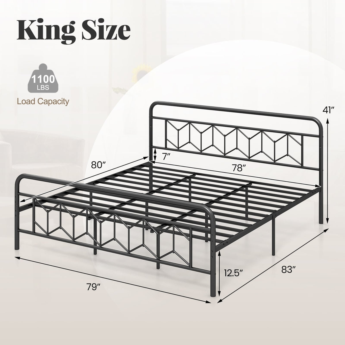 Platform Bed with High Headboard and Snap Lock Metal Slats-King Size-Simple Bed Frame-DECOROLALA