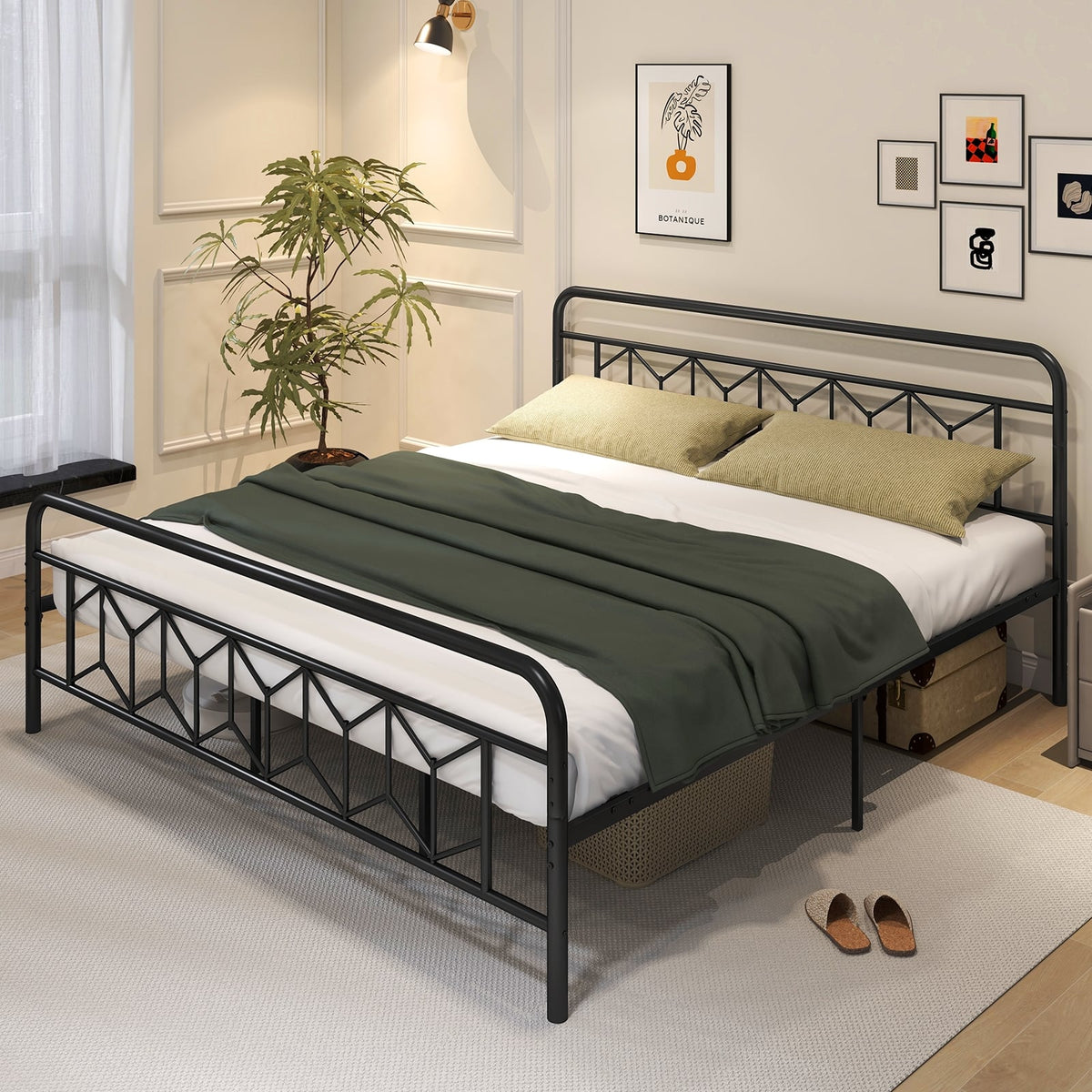 Platform Bed with High Headboard and Snap Lock Metal Slats-King Size-Simple Bed Frame-DECOROLALA