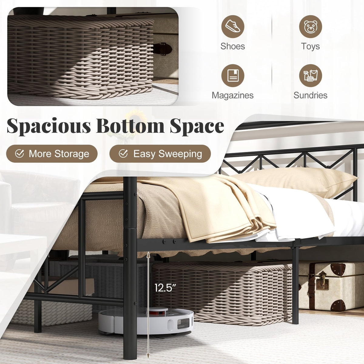 Platform Bed with High Headboard and Snap Lock Metal Slats-King Size-Simple Bed Frame-DECOROLALA