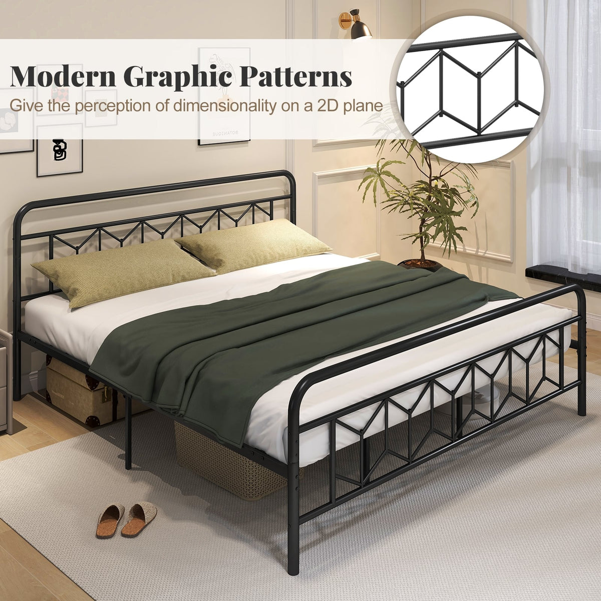 Platform Bed with High Headboard and Snap Lock Metal Slats-King Size-Simple Bed Frame-DECOROLALA