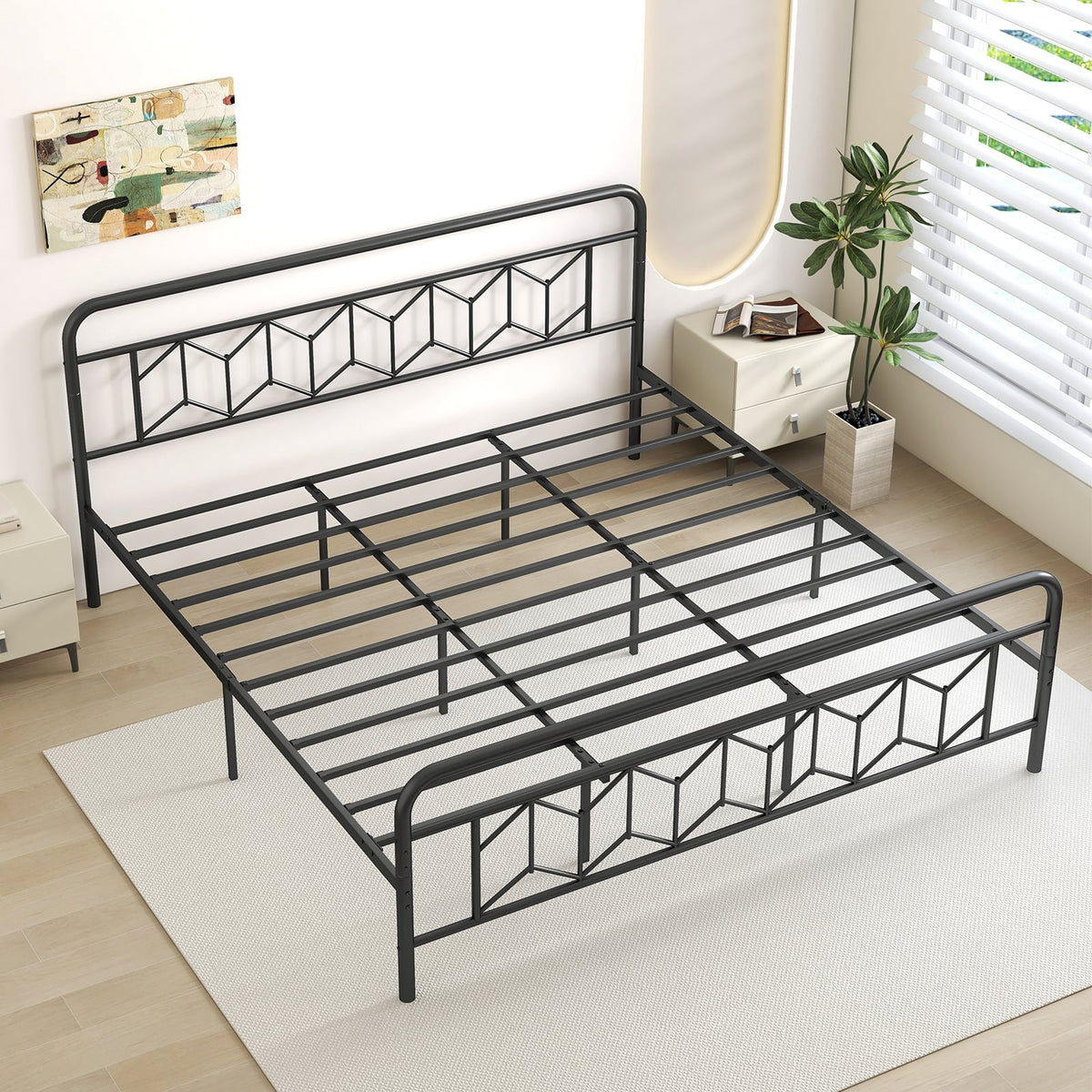 Platform Bed with High Headboard and Snap Lock Metal Slats-King Size-Simple Bed Frame-DECOROLALA