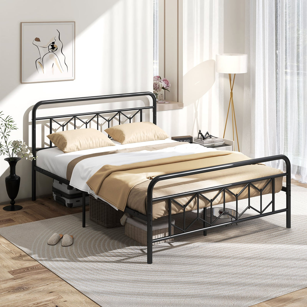 Platform Bed with High Headboard and Snap Lock Metal Slats-Queen Size-Simple Bed Frame-DECOROLALA