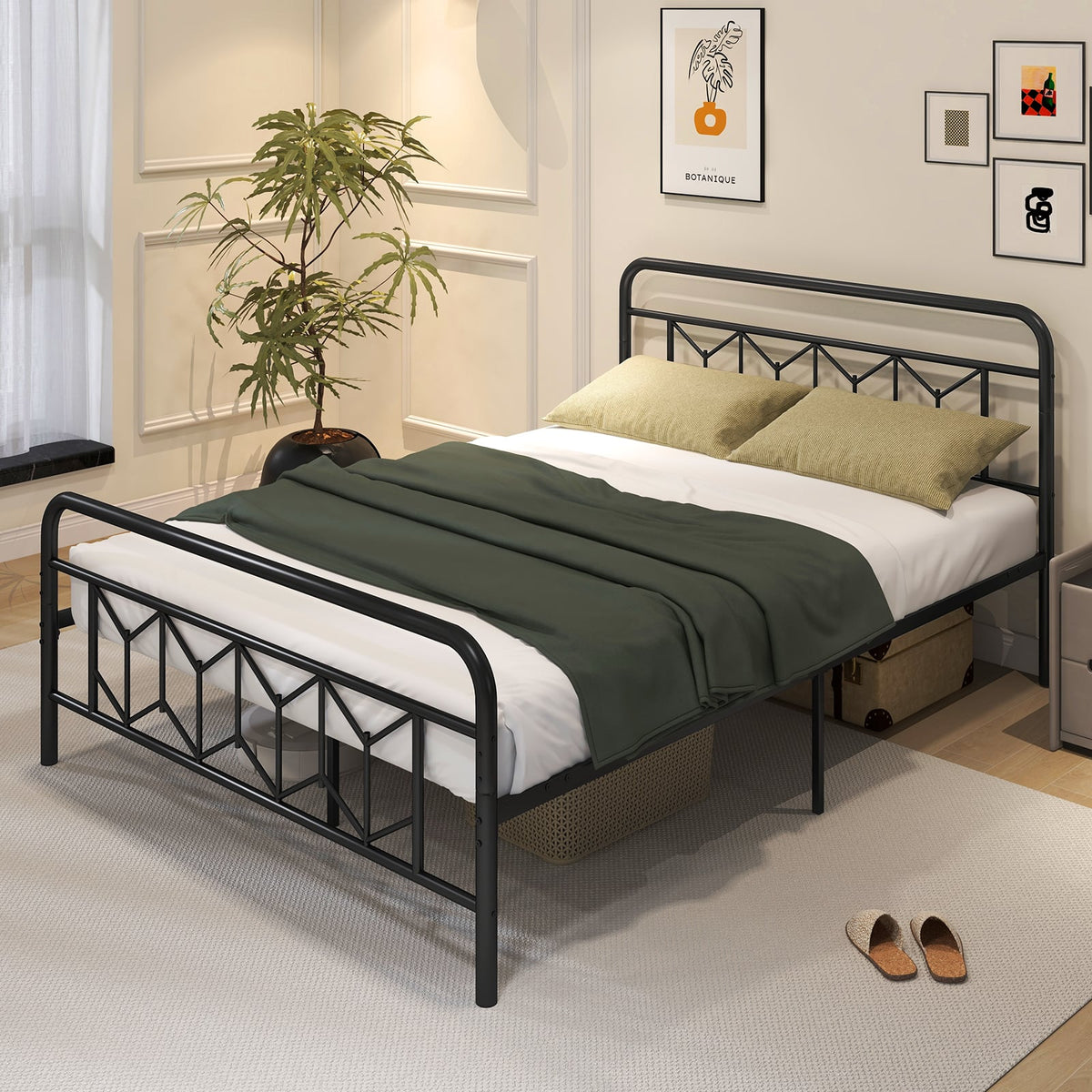 Platform Bed with High Headboard and Snap Lock Metal Slats-Queen Size-Simple Bed Frame-DECOROLALA