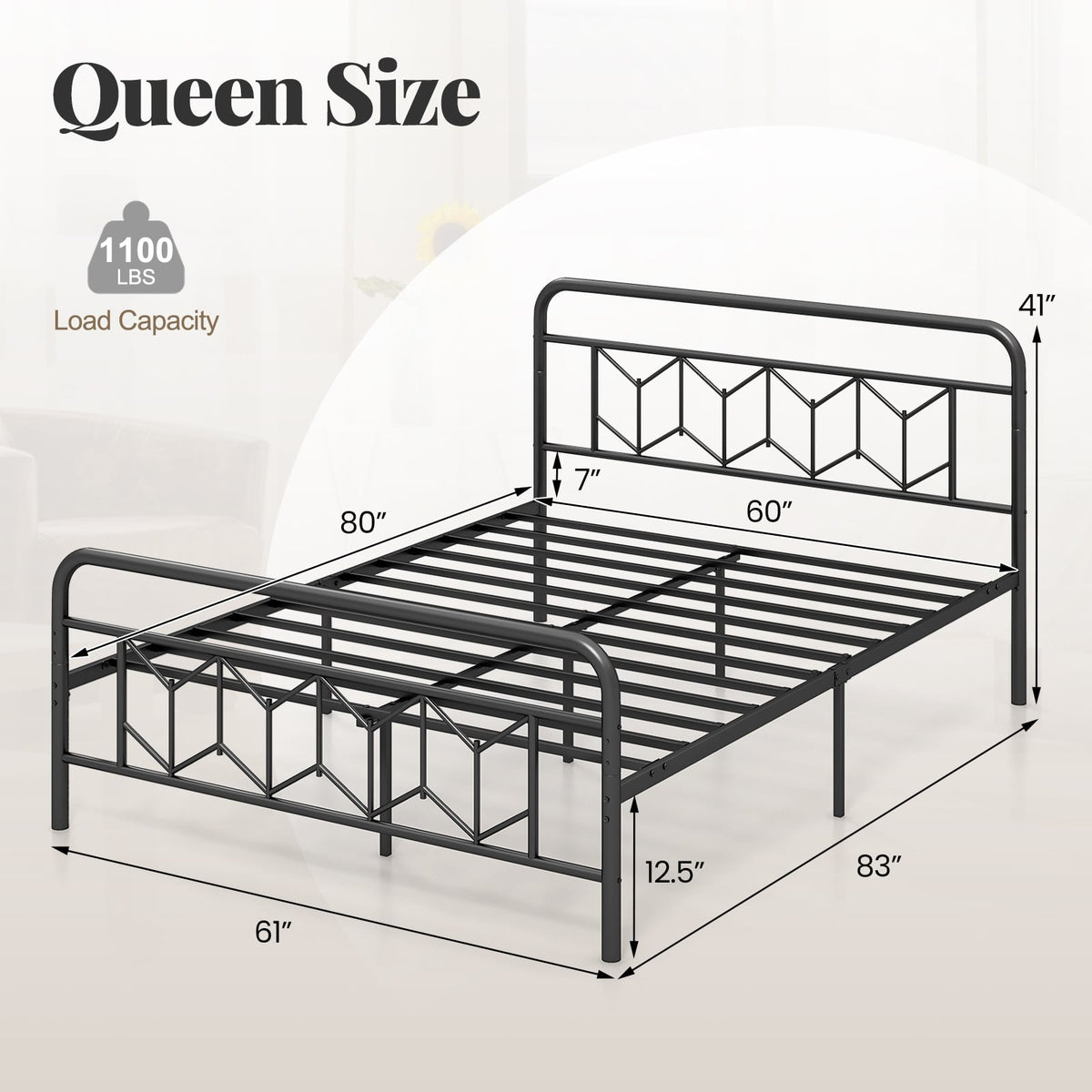 Platform Bed with High Headboard and Snap Lock Metal Slats-Queen Size-Simple Bed Frame-DECOROLALA