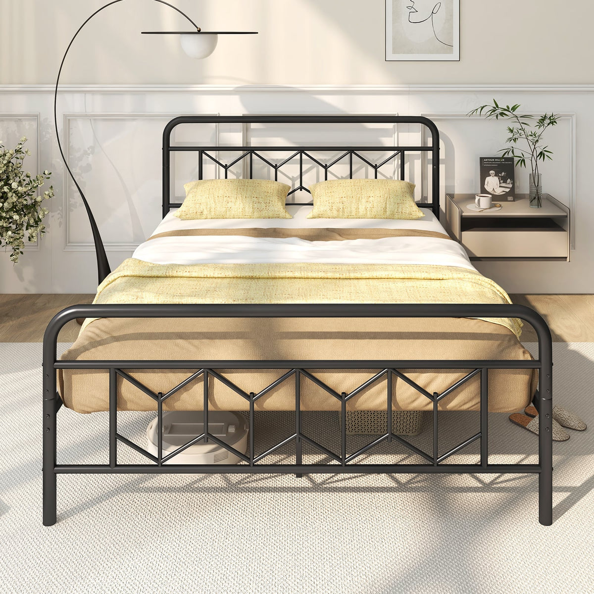 Platform Bed with High Headboard and Snap Lock Metal Slats-Queen Size-Simple Bed Frame-DECOROLALA