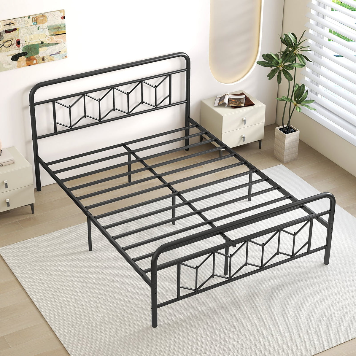 Platform Bed with High Headboard and Snap Lock Metal Slats-Queen Size-Simple Bed Frame-DECOROLALA