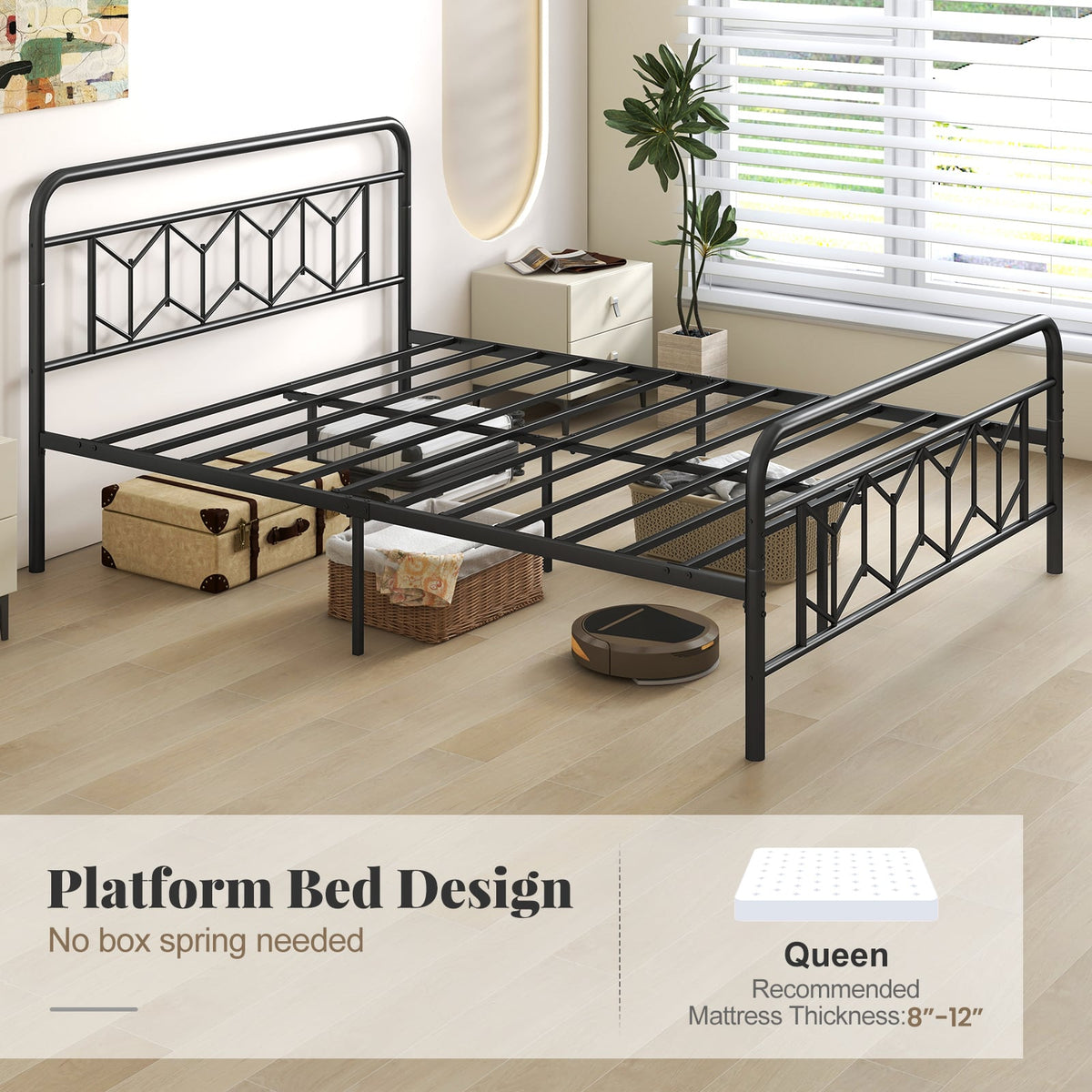 Platform Bed with High Headboard and Snap Lock Metal Slats-Queen Size-Simple Bed Frame-DECOROLALA