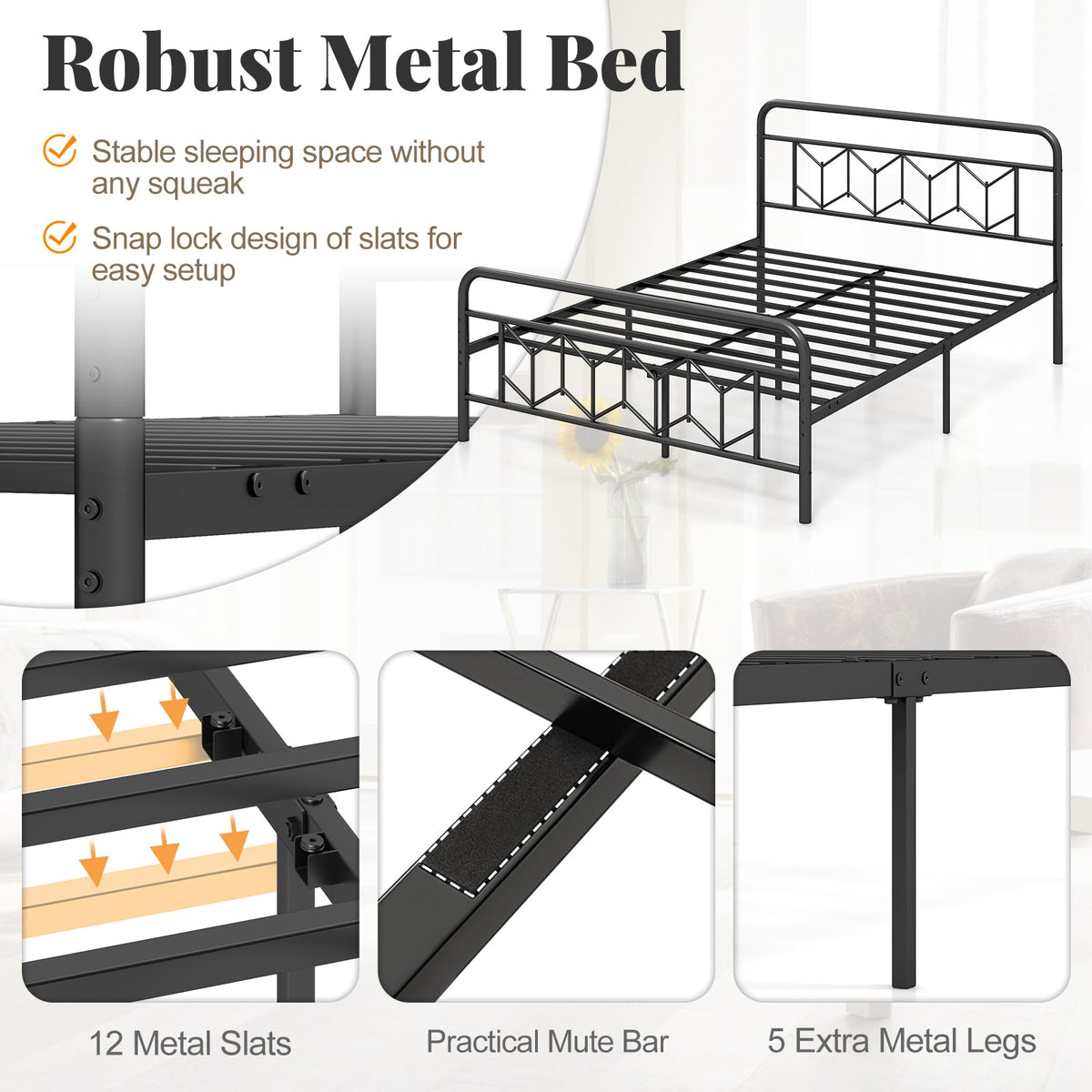 Platform Bed with High Headboard and Snap Lock Metal Slats-Queen Size-Simple Bed Frame-DECOROLALA