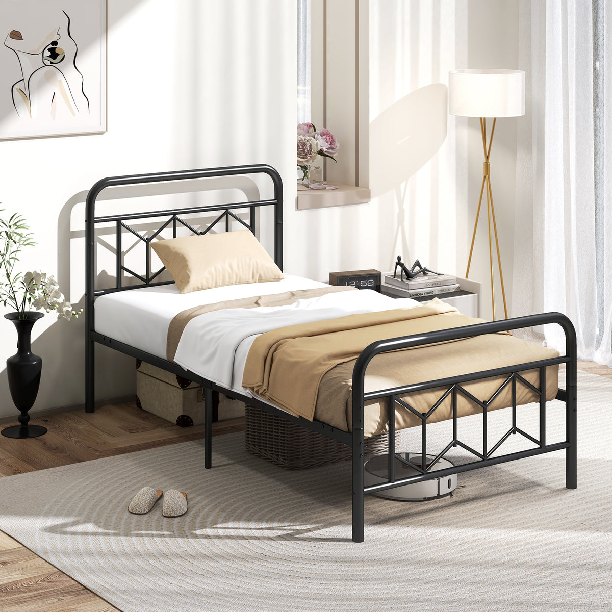 Platform Bed with High Headboard and Snap Lock Metal Slats-Twin Size-Simple Bed Frame-DECOROLALA