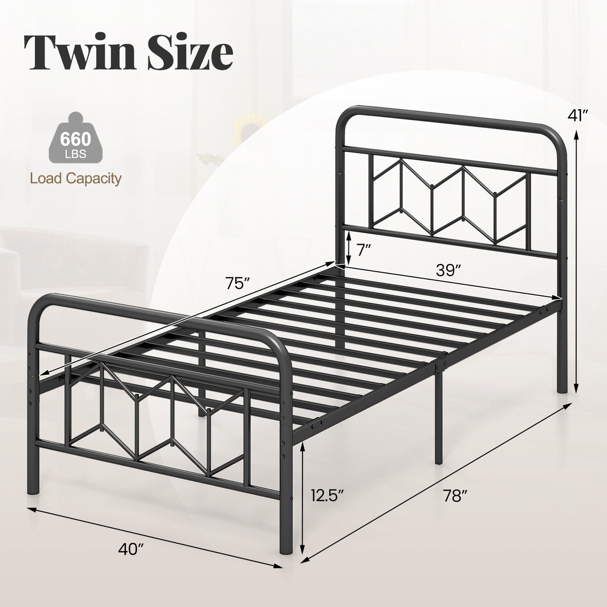 Platform Bed with High Headboard and Snap Lock Metal Slats-Twin Size-Simple Bed Frame-DECOROLALA