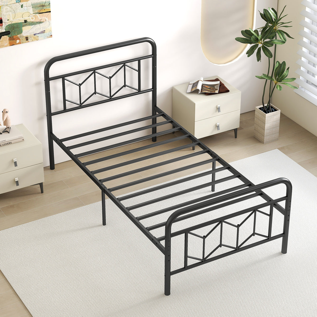 Platform Bed with High Headboard and Snap Lock Metal Slats-Twin Size-Simple Bed Frame-DECOROLALA