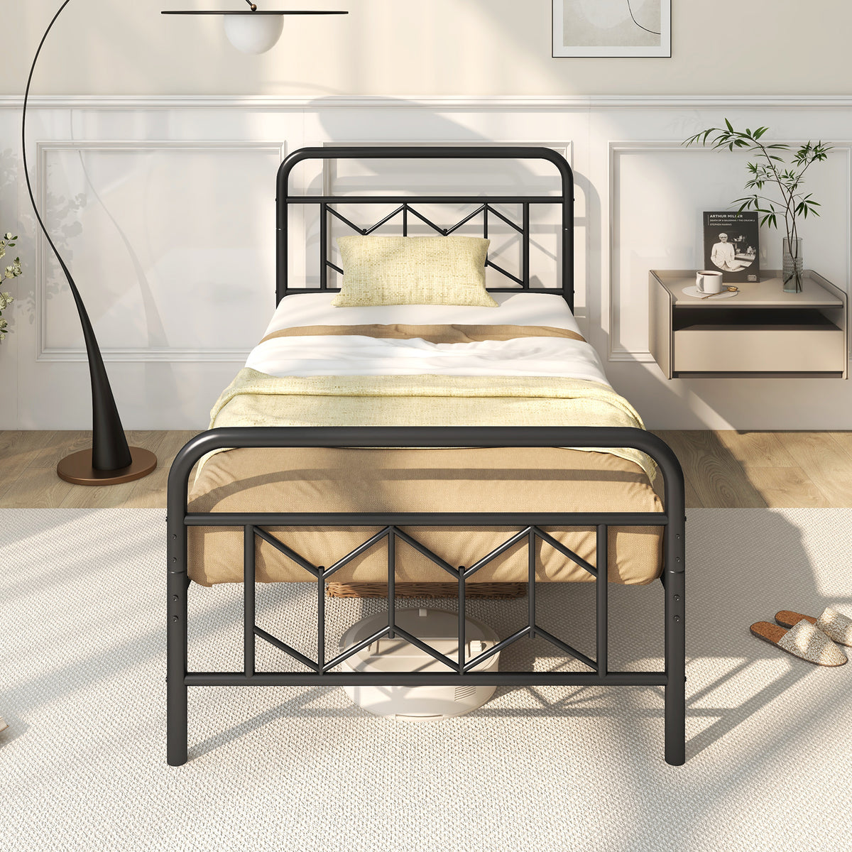 Platform Bed with High Headboard and Snap Lock Metal Slats-Twin Size-Simple Bed Frame-DECOROLALA