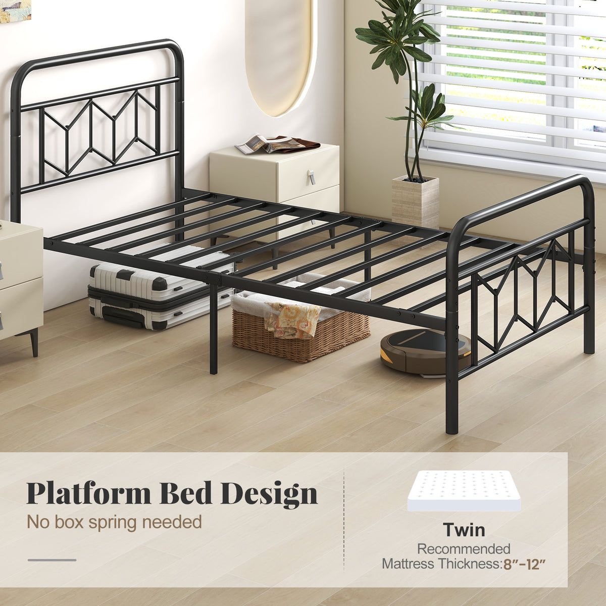 Platform Bed with High Headboard and Snap Lock Metal Slats-Twin Size-Simple Bed Frame-DECOROLALA